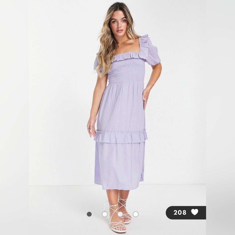ASOS Miss Selfridge textured frill detail shirred midi dress in Lilac